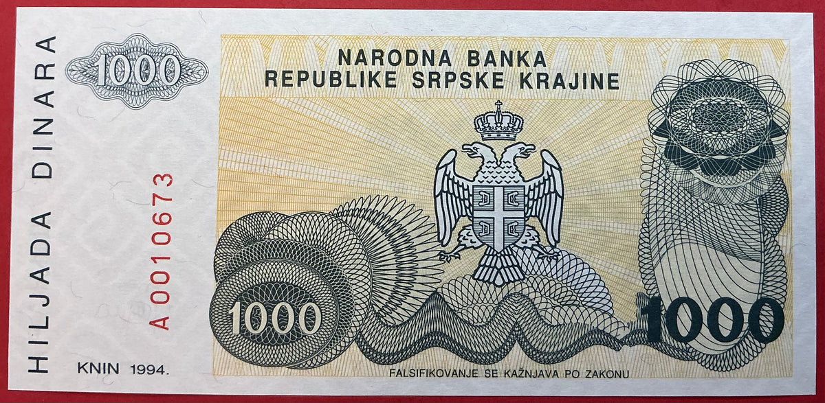 Croatia/Serbian Krajina - 1000 Dinara 1994 P#R30a Kvalitet 0