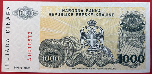 Croatia/Serbian Krajina - 1000 Dinara 1994 P#R30a Kvalitet 0
