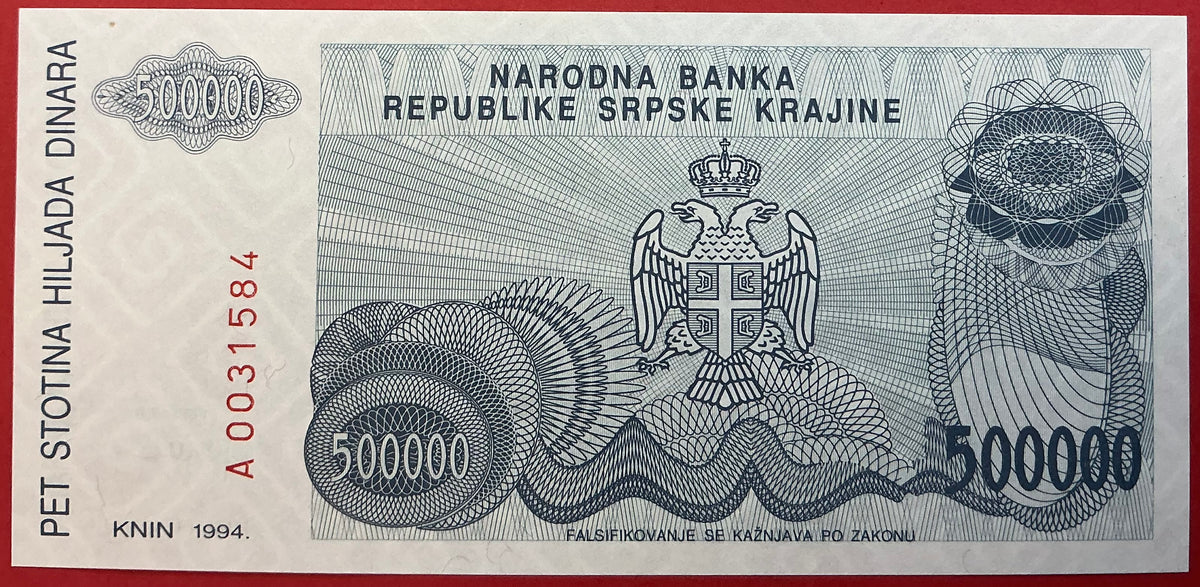 Croatia/Serbian Krajina - 500.000 Dinara 1994 P#R32a Kvalitet 0