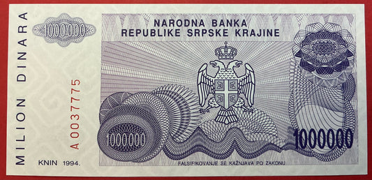 Croatia/Serbian Krajina - 1.000.000 Dinara 1994 P#R33a Kvalitet 01