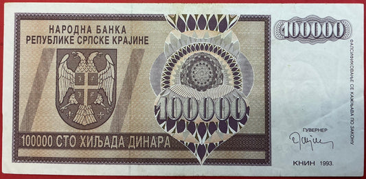 Croatia/Serbian Krajina - 100.000 Dinara 1993 P#R9a Kvalitet 1+