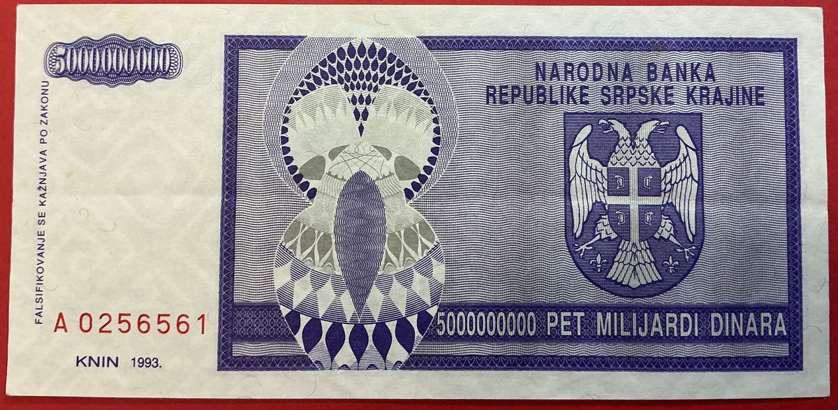 Croatia/Serbian Krajina - 5.000.000.000 Dinara 1993 P#R18a Kvalitet 1+