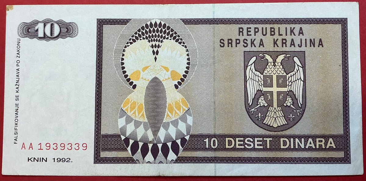 Croatia/Serbian Krajina - 10 Dinara 1992 P#R1a Kvalitet 1+
