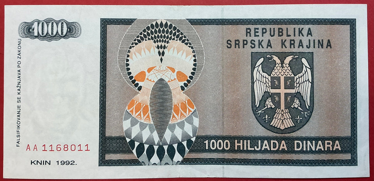 Croatia/Serbian Krajina - 1000 Dinara 1992 P#R5a Kvalitet 1+