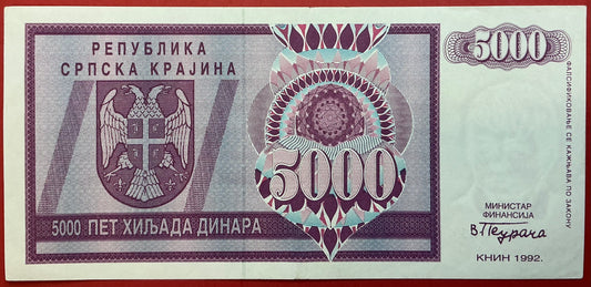 Croatia/Serbian Krajina - 5000 Dinara 1992 P#R6a Kvalitet 1/01