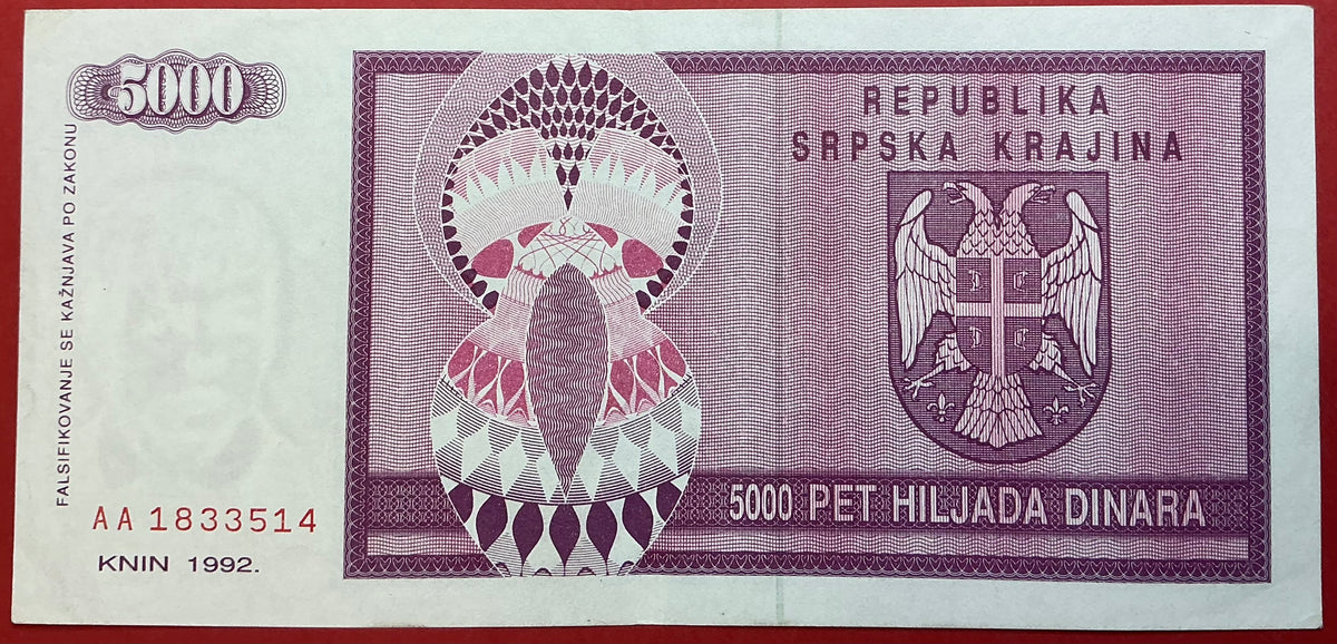 Croatia/Serbian Krajina - 5000 Dinara 1992 P#R7a Kvalitet 1/01