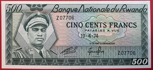 Rwanda - 500 Francs 19.4.1974 P#11a Kvalitet 0