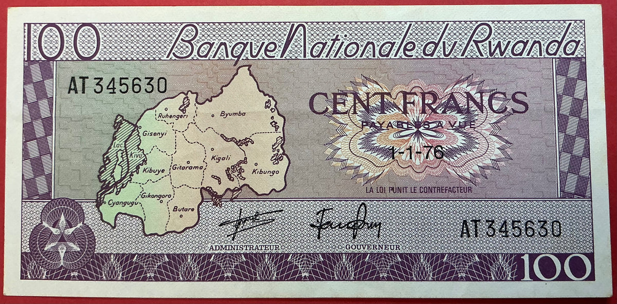 Rwanda - 100 Francs 1.1.1976 P#8d Kvalitet 01/0